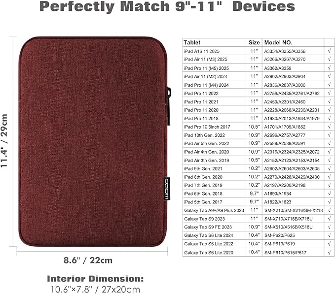 MoKo 9-11 Inch Tablet Sleeve Bag Carrying Case Fits New 11inch iPad Air M3, iPad A16 2025, iPad Pro 11 M4, Air 5/4/3, iPad 10/9/8th Gen, Tab S8/S9 11", Wine Red