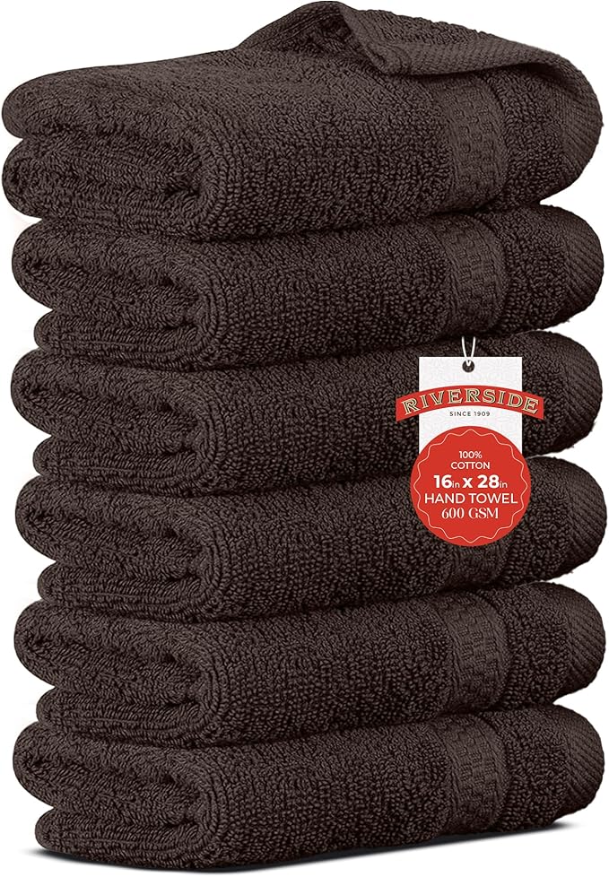 RIVERSIDE 6 Pack Premium Hand Towels Set, 16x28 inches, 100% Ring Spun Cotton, 600 GSM, Soft, Quick Dry and Highly Absorbent, Towels for Bathroom, Kitchen, Gym, Spa - Brown