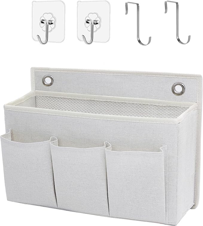 Someteth Wall Hanging Organizer Bag/Hanging Baskets with Large Mesh Compartment & 3 Pockets，Over the Door Organizer Space Saving Storage for Bedroom,RV Camper, Closet (White- 1 Pack)