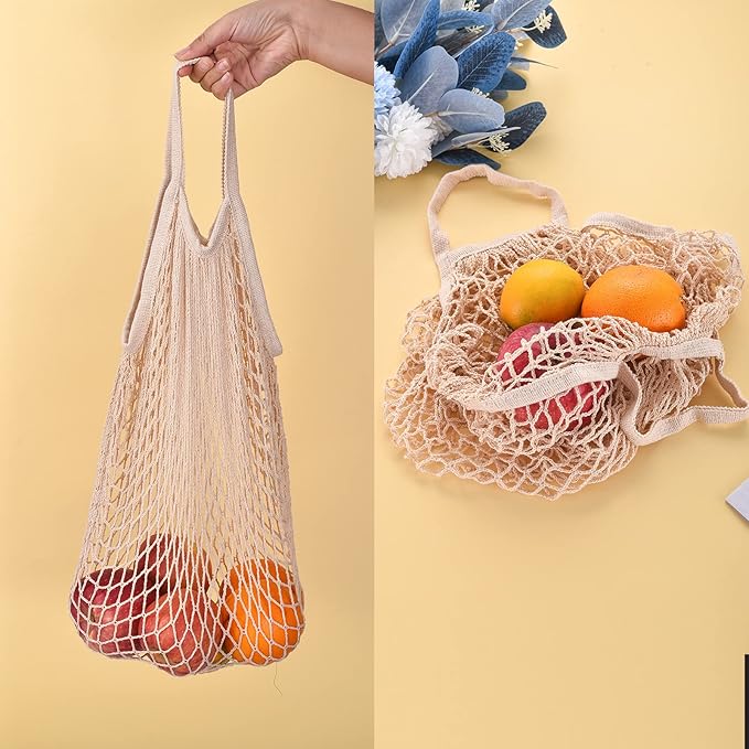 Eslazoer [2 pack] completely Cotton string storage shopping bags, Ecology Reusable and washable mesh grocery bag, Portable short handle net tote beige