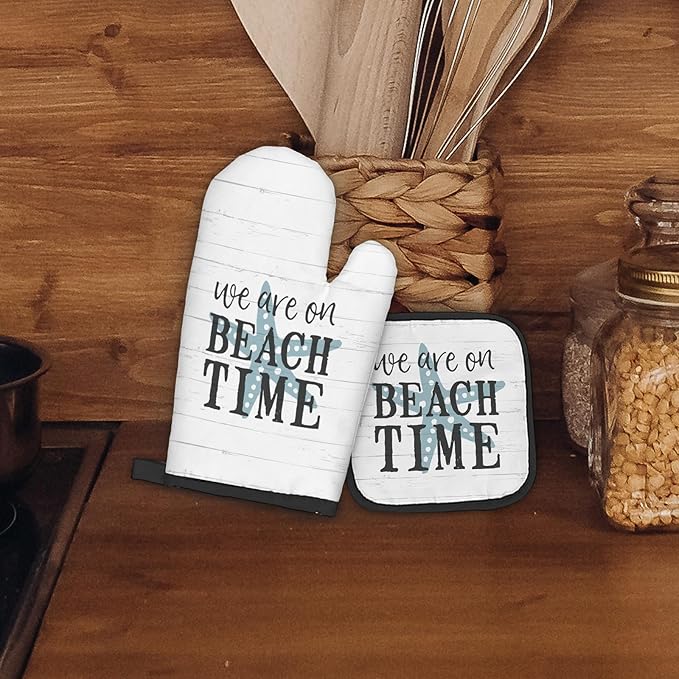 Beach Themed Gifts Oven Mitts and Pot Holders Sets, Coastal Beach House Kitchen Accessories Sets, Rustic We are on BeachTime Heat Resistant Oven Glove Potholders for Kitchen Cooking Baking BBQ