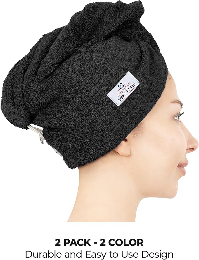 American Soft Linen 100% Cotton Hair Towels for Women, Head Towel Cap, Cotton Hair Turban Towel Wrap for Long Curly Anti Frizz Hair, Soft and Absorbent Cotton Hair Towels 2 Pack, Purple-Black