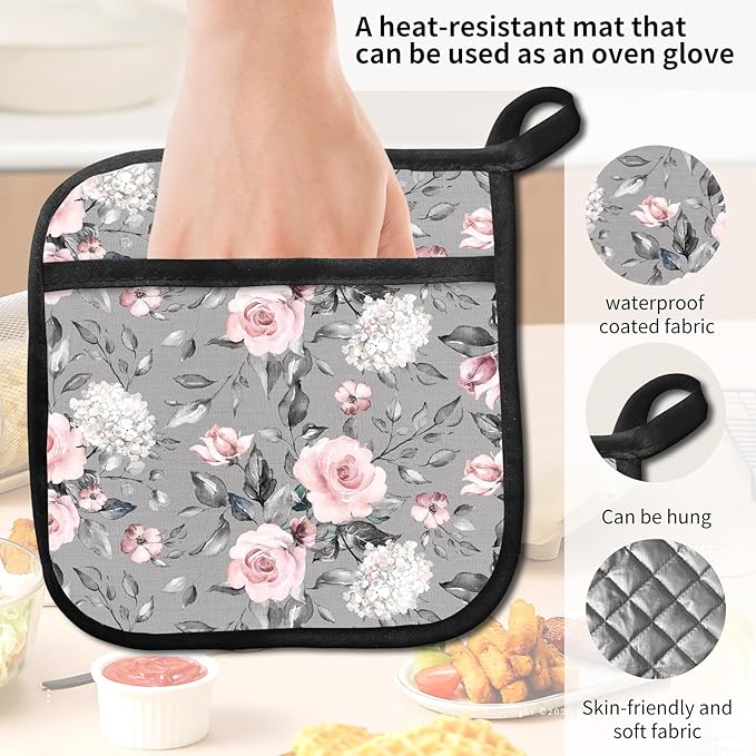 2 Pack Pot Holders for Kitchen Clearance, Cute Hot Pads, Funny Oven Pot Holders, Potholders Sets for Kitchen Heat Resistant Grey Pink Flowers