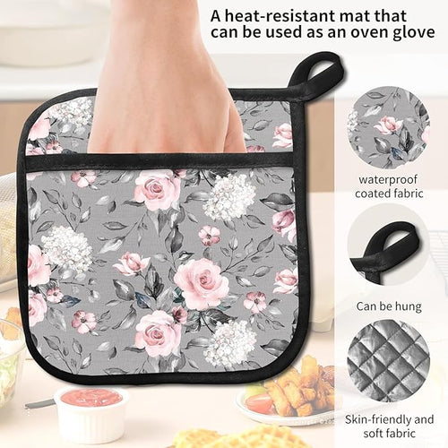 2 Pack Pot Holders for Kitchen Clearance, Cute Hot Pads, Funny Oven Pot Holders, Potholders Sets for Kitchen Heat Resistant Grey Pink Flowers