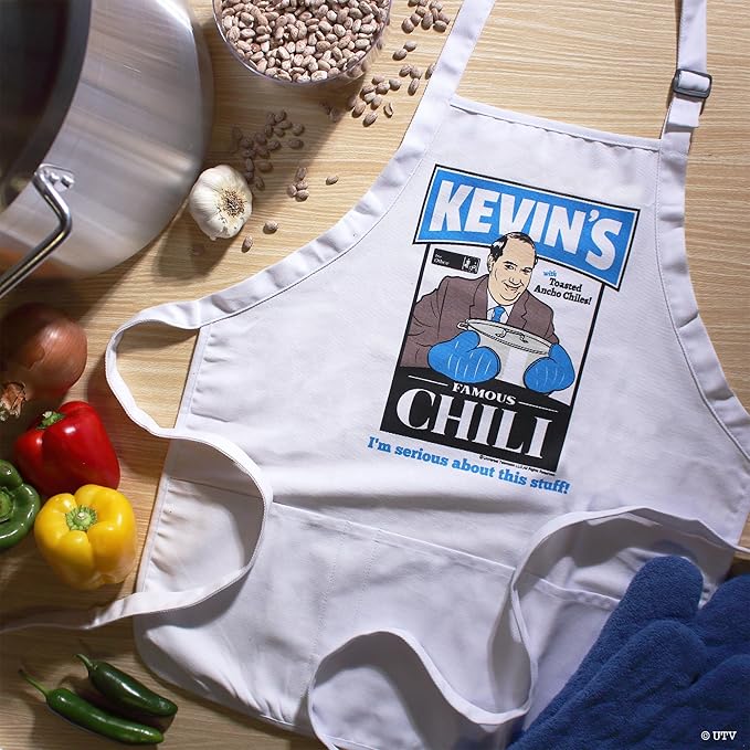 Prime Party The Office Kevin's Famous Chili Cook-Off Apron with Pockets and Adjustable Neck Strap 100% White Cotton for Kitchen Crafting BBQ