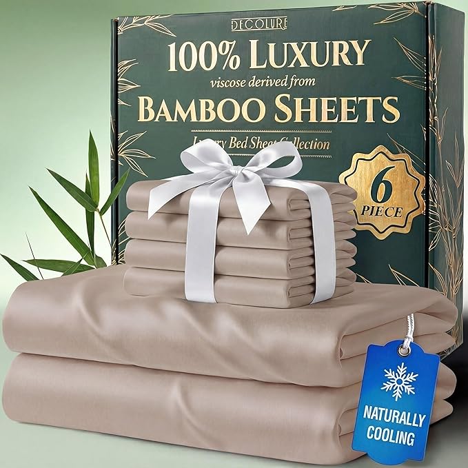 DECOLURE 100% Viscose Derived from Bamboo Sheets Queen Size - Luxury 6 Pc Naturally Cooling Sheets, Ultra Soft Bed Set - Deep 17" Pockets, Durable Double Stitching, Oeko Tex Standard (Taupe)