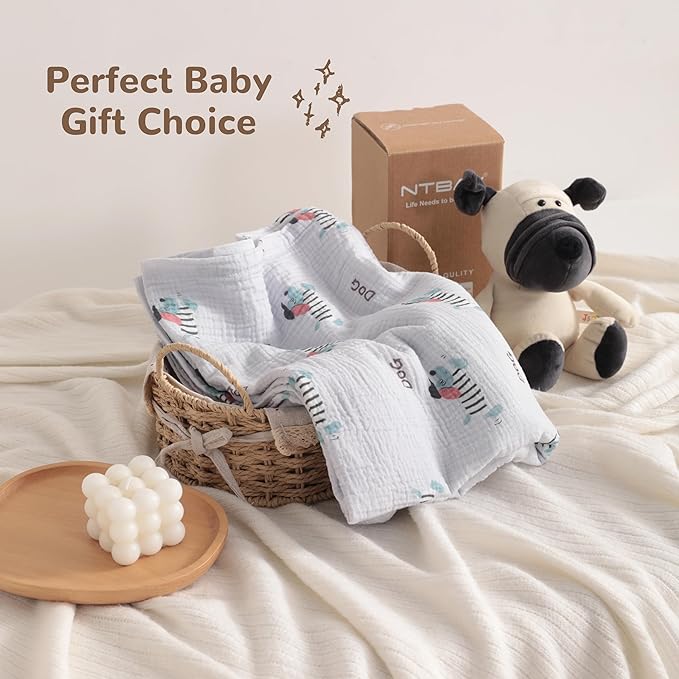 NTBAY 2 Layer Muslin Cotton Baby Swaddle Blanket, 30x40 Soft and Breathable Receiving for Newborns and Infants, Perfect for Crib, Stroller, Travel, Lightweight Nursery Blanket, Striped Dog