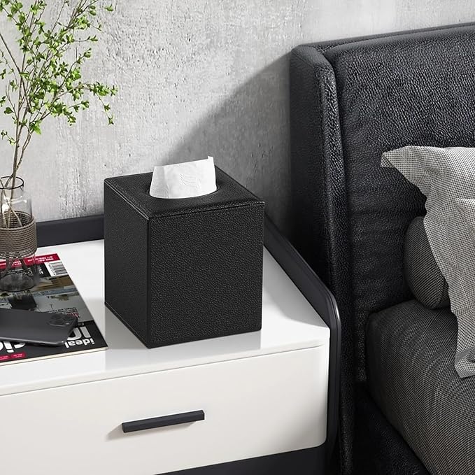 JLAMBOM PU Leather Tissue Box Cover Square Tissue Box Holder with Magnetic Closure, Decorative Tissue Holder for Bathroom Bedroom Office (Black)