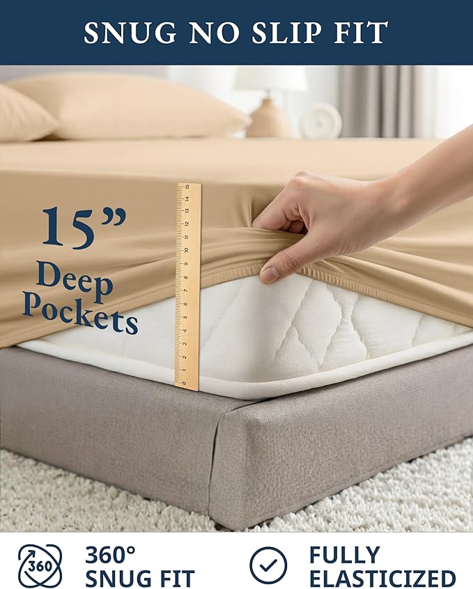 LANE LINEN 100% Organic Cotton Bed Sheets Full Size, Fully Elasticized Reinforsed Seams in Fitted Pocket, Machine Washable Naturally Cooling Full Sheet Deep Pocket Bedding- Linen