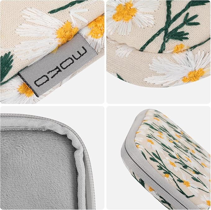 MoKo 9-11 Inch Embroidered Daisy Sleeve Pouch Fits New 11-inch iPad Pro M4/iPad Air M2 2024, iPad Air 5/4/3 10.9"/10.5", iPad Pro 11 M2, iPad 10th 10.9, iPad 9/8th Gen 10.2, Tab S8/S9 11", White Daisy