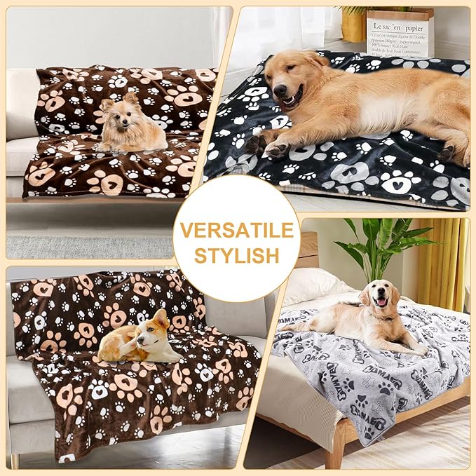 Gowyeg Premium Dog Blankets for Small Dogs & Cat Flannel Blanket Washable, Soft Pet Throw Cover for Kennel Crate Bed, Cute Paw Pattern, 31x23 inch,Black/Grey/Brow