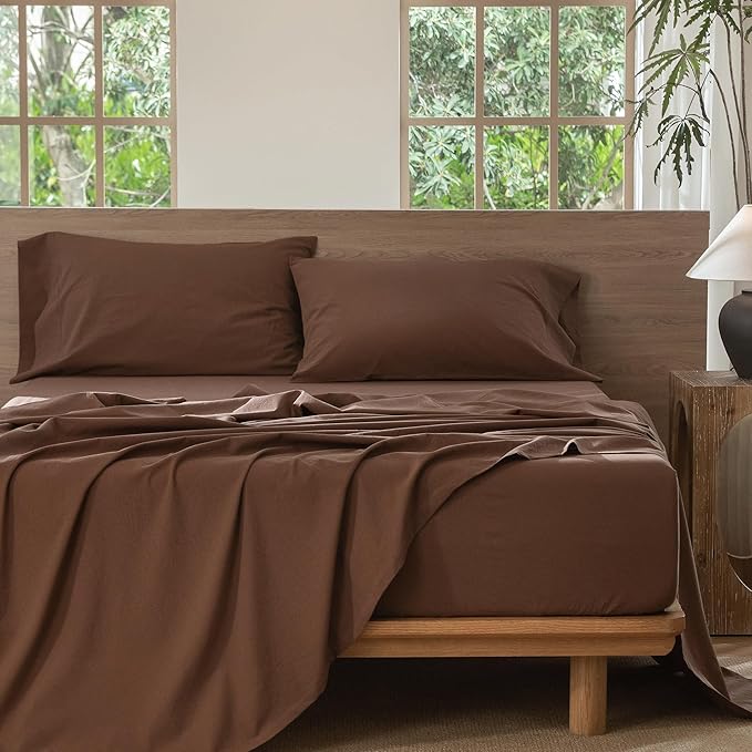 MooMee Bedding Sheet Set 100% Washed Cotton Linen Like Textured Breathable Durable Soft Comfy (Solid Cocoa Brown, California King)