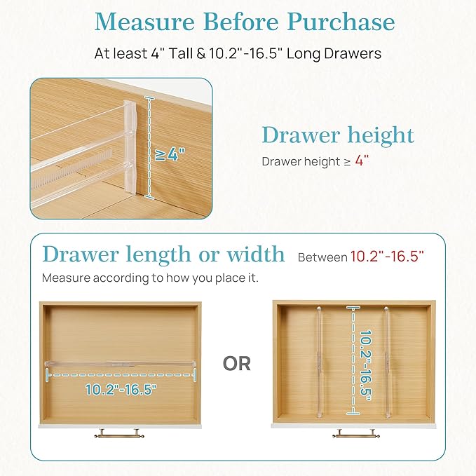 Vtopmart 4 Pack Drawer Dividers for Clothes, 4" High 10.2"-16.5" Adjustable Expandable Dresser Drawer Organizer, Clear Plastic Separators for Dresser, Baby Clothing, Underwear, Cosmetic, Toiletries