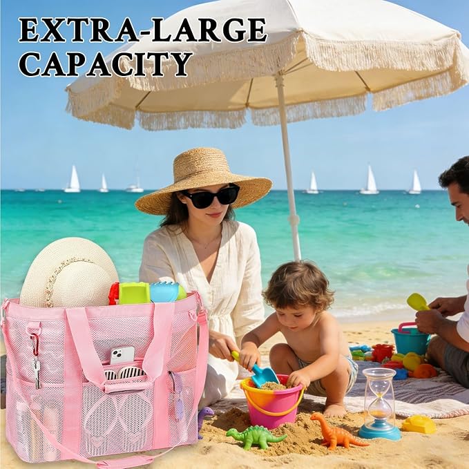 GYEUKHAM Mesh Beach Bag - Large Beach Tote Bag with Multiple Pockets for Family Beach Bag for Toys & Vacation Essentials
