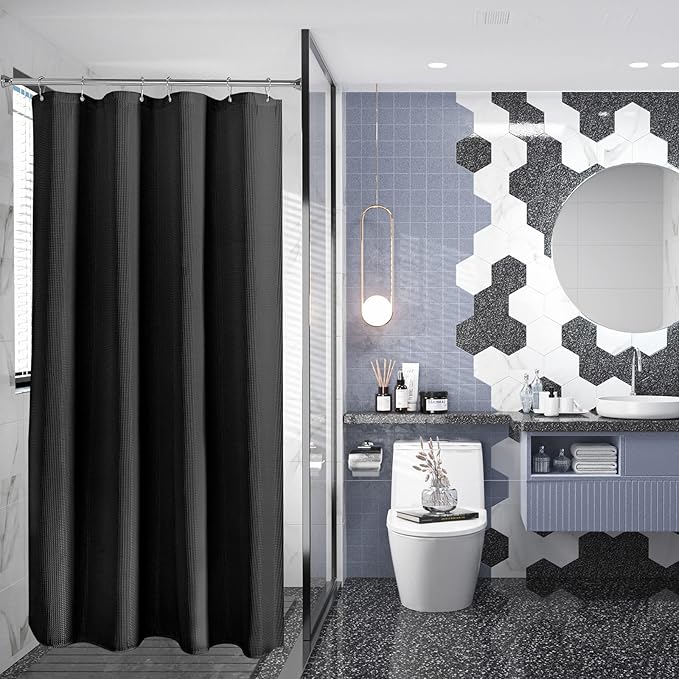 AmazerBath Waffle Shower Curtain, Stall Shower Curtain, Black Shower Curtain Fabric, Hotel Quality Bathroom Shower Curtains, Heavy Duty, 36 x 72 Inches