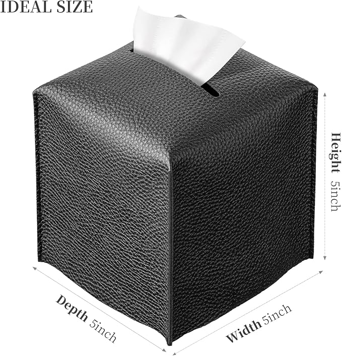 REGELETO Square Tissue Box Cover, Pu Leather Tissue Box Holder with Bottom Belt Modern Stylish Tissue Box Organizer for Bathroom, Bedroom, Hotel, Office Desk 5"X5"X5" (Black)