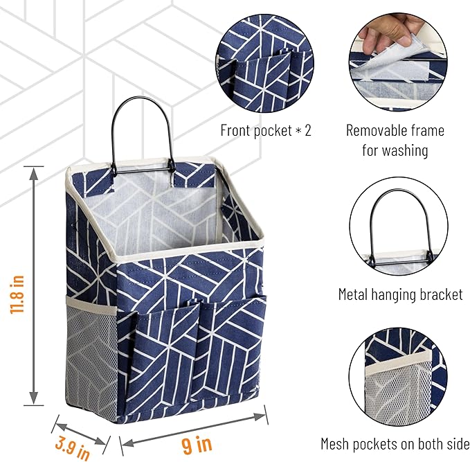 HZZTY BRNY 2pcs Wall Hanging Storage Bag, Small Door Closet Linen Fabric Pockets Organizer, Waterproof Multi Functional for Living Room Bedroom Bathroom Kitchen RV Camper with Hooks Pattern Navy