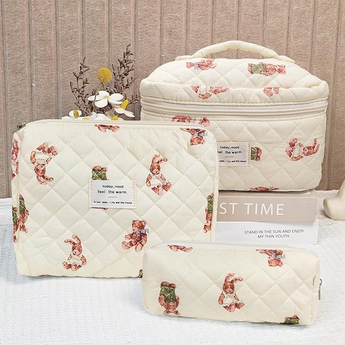 Cozomga Quilted Makeup Bag, Large Capacity Travel Cosmetic Bag for Women and Girls, Aesthetic Storage for Daily and Travel Use (3pcs-Littlebear)
