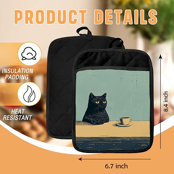 Vintage Coffee Black Cat Pot Holders with Pockets, Cat Kitchen Decor, Retro Quirky Black Kitten Oven Pot Holders Heat Resistant Oven Mitts Hot Pads for Kitchen Baking Cooking