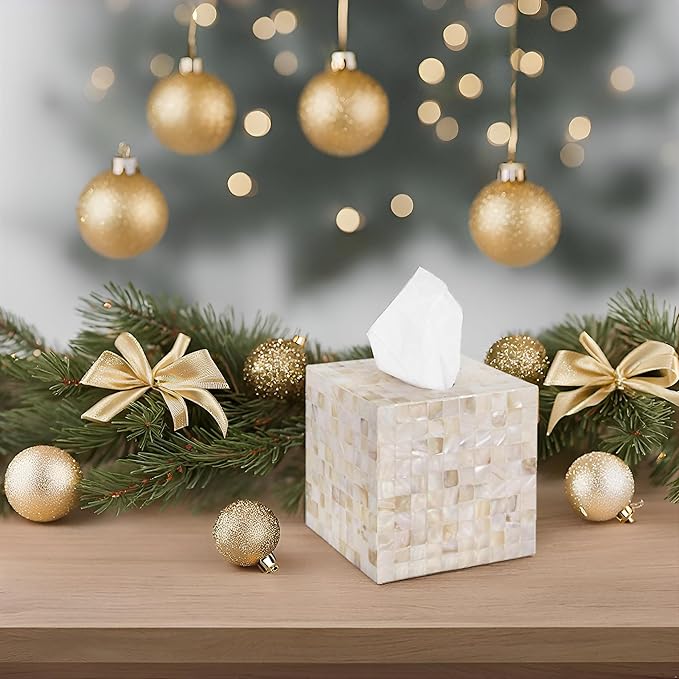 PEMAR 5.9″ Handmade Mother of Pearl Tissue Box Cover – Acacia Wood Cube, 5.35″ Interior Fits 5″ Square Boxes, Sliding Bottom, Pearly White Lacquer Rustic Farmhouse Decor