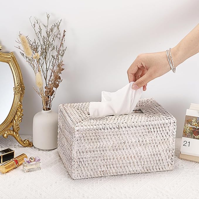 Sumnacon Tissue Box Cover Large Rectangle Tissue Box Rattan Tissue Box Holder,Wicker Decorative Tissue Holder for Bathroom Toilet Living Room Kitchen Office Table Desk,Whitewash