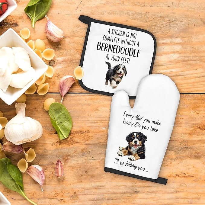 Bernedoodle Gifts Dog Oven Mitts and Pot Holders Sets, Bernedoodle Dog Gifts Dog Kitchen Accessories Sets, Complete Without a Bernedoodle Dog Heat Resistant Oven Glove Potholders for Kitchen