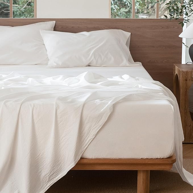 MooMee Bedding Sheet Set 100% Washed Cotton Linen Like Textured Breathable Durable Soft Comfy (Solid Off White, California King)