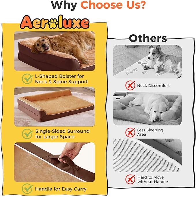 Aeroluxe Dog Bed Large Sized Dogs, XL Orthopedic Dog Bed for Large Dogs, Waterproof Pet Bed with Washable Removable Cover, L-Shaped Pet Couch with Portable Handle 42"x30"x7.5", Brown