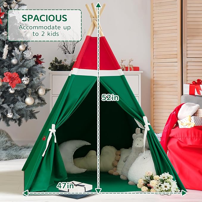 WIRHAO Christmas Tent for Kids with Padded Mat Cotton Canvas Teepee Tent Indoor for Toddlers Kids Play Tent for Girls Boys with Stars Lights, Carry Bag, Banner Flag (Merry Christmas)