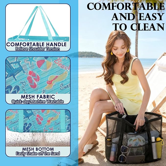 Fammart Mesh Beach Bag, Large Beach Tote with Zipper Pocket for Family Pool Bag for Toys & Vacation Essentials