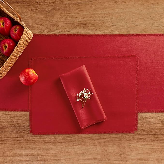 Solino Home Fringe Linen Placemats Set of 4-14 x 19 Inch Placemats Cherry Red - 100% Pure Linen Table Mats for Valentines