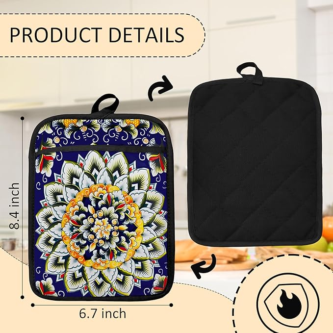 Navy Blue Boho Mandala Floral Pot Holders 2 Pack Set, Vintage Hinduism Spiritual Folk Lotus Flower Mandala Heat Resistant Oven Hot Pads for Kitchen Countertop Baking，065 Potholder