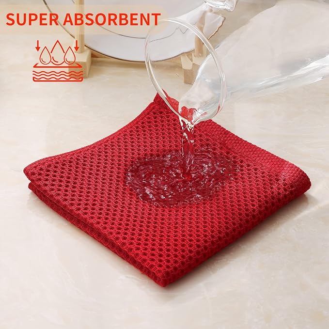 Kitinjoy 100% Cotton Kitchen Dish Cloths, 8 Pack Waffle Weave Ultra Soft Absorbent Dish Towels for Drying Dishes Quick Drying Kitchen Towels Dish Rags, 12 X 12 Inches, Red