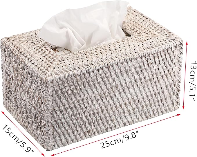 Sumnacon Tissue Box Cover Large Rectangle Tissue Box Rattan Tissue Box Holder,Wicker Decorative Tissue Holder for Bathroom Toilet Living Room Kitchen Office Table Desk,Whitewash