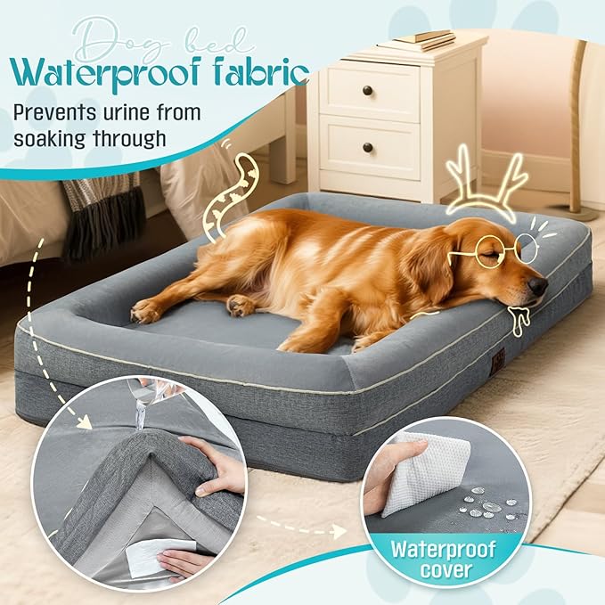 TaiBest Waterproof Memory Foam Dog Beds for Extra Large Dogs Non-Slip Orthopedic Dog Beds Washable Couch Pet Bed with Removable Cover (Grey, Large)