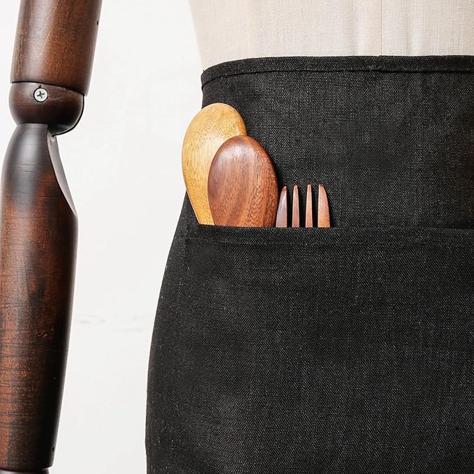 100% Linen Bistro Half Apron, Waist Apron With 2 Pockets For Women Men Waitress Server Cooking Kitchen Restaurant