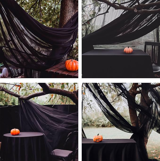 Barcelonetta | Chiffon Fabric | Decoration, Drapery Fabric | Halloween Decoration | for Arbor, Arch, Canopy, Table and Chair Decoration (Black, 10 Yards)