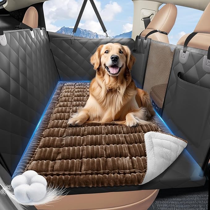 ROUWINNE Backseat Dog Bed Non-Slip, Dog Bed for Car Back Seat Soft and Comfortable, Back Seat Pet Bed Mat for Travel, Pet Car Blanket for Backseat Extender and Seat Covers Brown (51”X 23.5”)