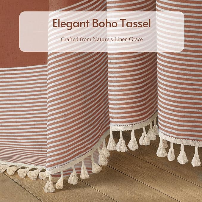 XOGUIBO Coral Shower Curtain Boho Linen Striped Shower Curtains for Bathroom with Tassel 72 X 72