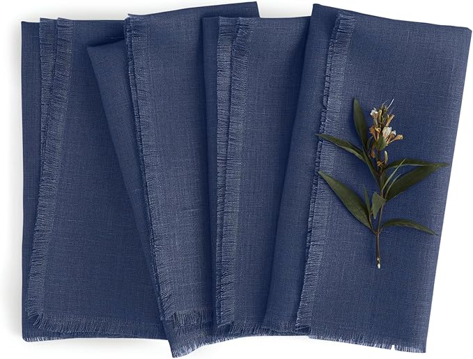 Solino Home Fringe Linen Cloth Napkins Set of 4-100% Pure Linen Vintage Blue Dinner Napkins 20 x 20 Inch for Winter, Spring, Easter - Handcrafted and Machine Washable