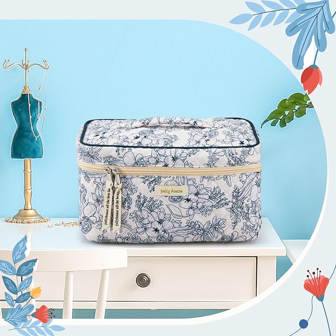 Zeyune 3 Pcs Makeup Bag Quilted Cosmetic Bags Large Floral Makeup Bag Set for Women Cotton Flower Travel Toiletry Storage Cute with Zipper for Women Mom Birthday Gift Home Bathroom(Blue Plants)