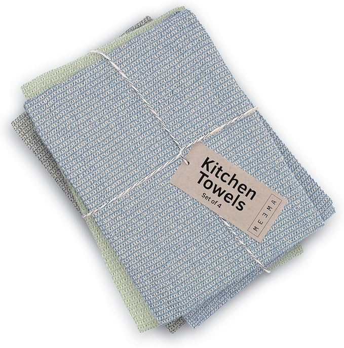 MEEMA Kitchen Towels and Dishcloths Sets of 4 | Large 18 x 28 Inch | Upcycled Cotton Tea Towels for Kitchen | Super Absorbent | Mix | Hand Towels