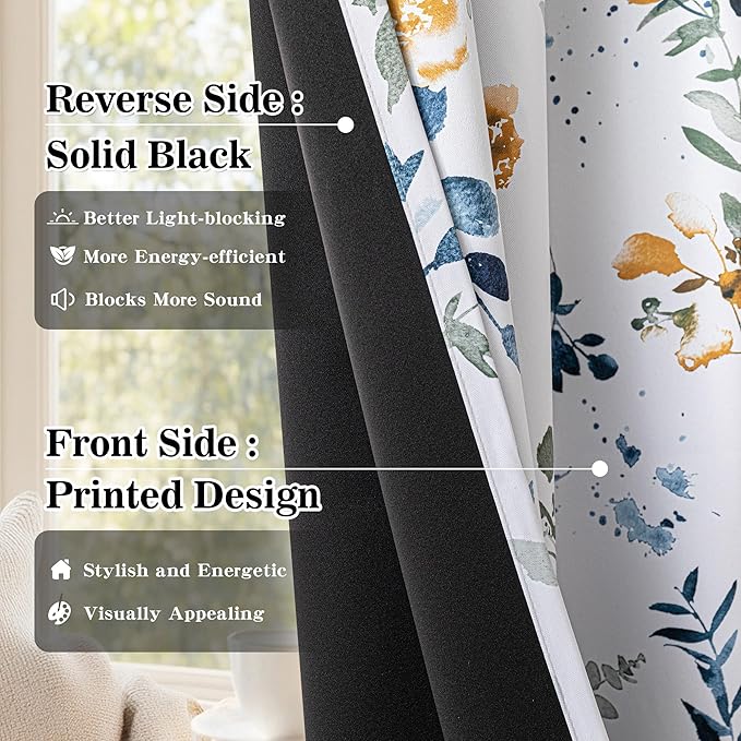 MYSKY HOME 95% Blackout Floral Curtains 95 inch Long 2 Panels for Bedroom Living Room Flower Patterned Room Darkening Thermal Insulated Soundproof Grommet Window Treatments, 52" Wide, Yellow and Blue