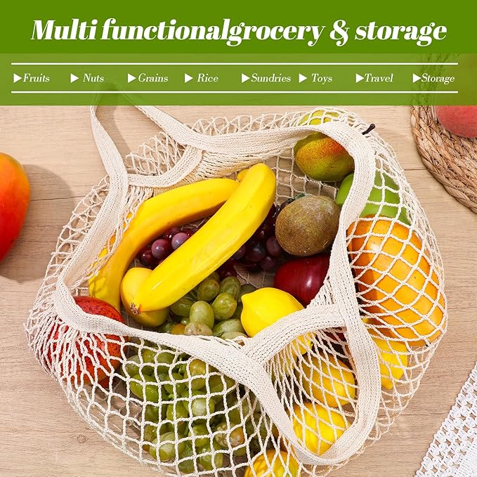 xozeooeu 12 Pcs Reusable Cotton Mesh Produce Bags, Beige Washable Grocery Net Bags Tote Organizer with Handles for Fruits, Vegetables, and Shopping