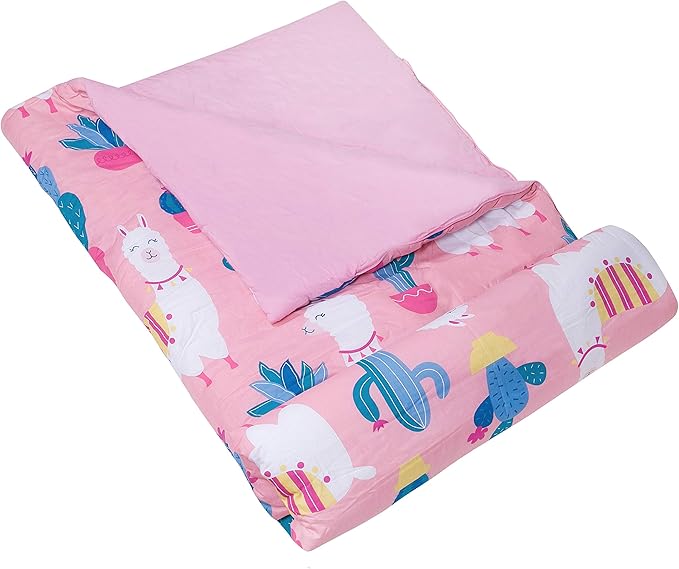 Wildkin Kids Sleeping Bag – Roll-Up Design with Storage Bag for School, Travel & Camping - Llamas and Cactus Pink