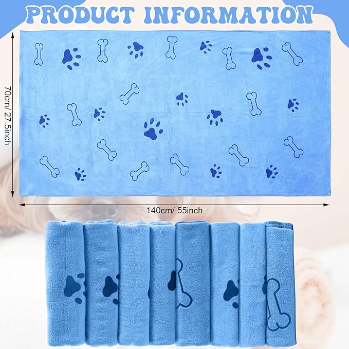 Peryiter 8 Pcs Dog Towels Pet Bath Drying Towels 55 x 28 Inches Large Absorbent Microfiber Quick Fast Drying Soft Beach for Lightweight Cat and Puppy Shower Essentials Cleaning Accessories(Blue)