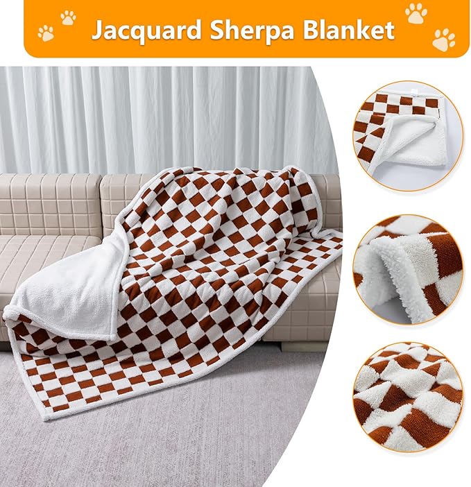 Waterproof Pet Blanket,Dog Bed Covers Small Throw for Puppy Cats Stylish Jacquard Pets Couch Sofa Furniture Protection Washable Reversible Covers (Coffee Check,XS)