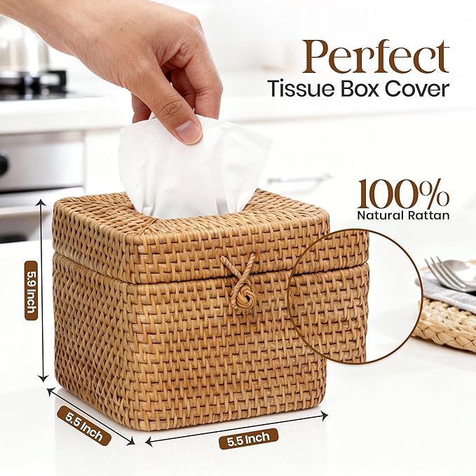 Natural Rattan Tissue Box Cover – 5.5x5.5x5.9 Inch - Stylish Handwoven Tissue Holder with Lid - Ideal for Bathroom Vanity, Bedroom, or Living Room Home Accent