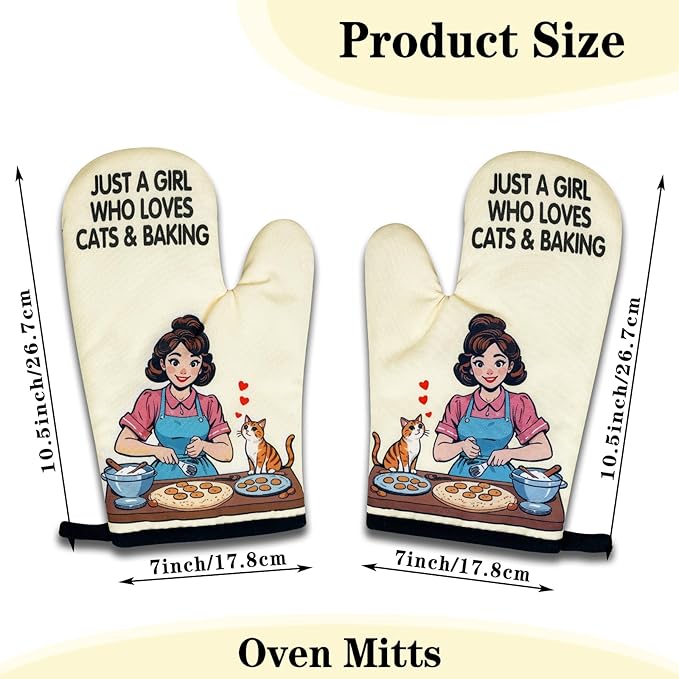 2 Pack Funny Oven Mitts for Women, Just A Girl Who Loves Cats & Baking, Vintage Lady Heat Resistant Silicone Non-Slip Mitts, Cat Lovers Gifts, Kitchen Baking Gifts for Hostess Baker Friend