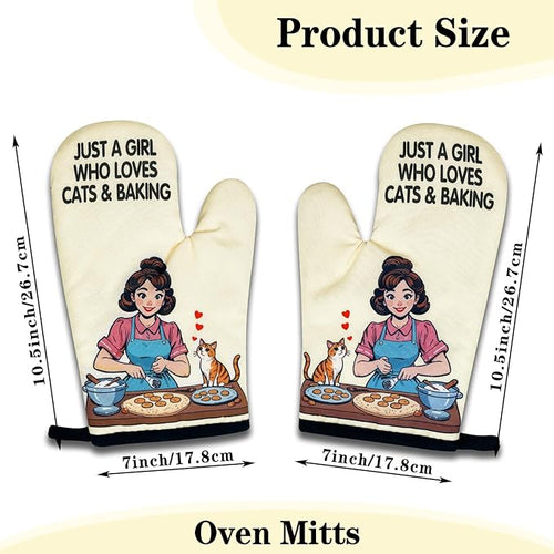 2 Pack Funny Oven Mitts for Women, Just A Girl Who Loves Cats & Baking, Vintage Lady Heat Resistant Silicone Non-Slip Mitts, Cat Lovers Gifts, Kitchen Baking Gifts for Hostess Baker Friend